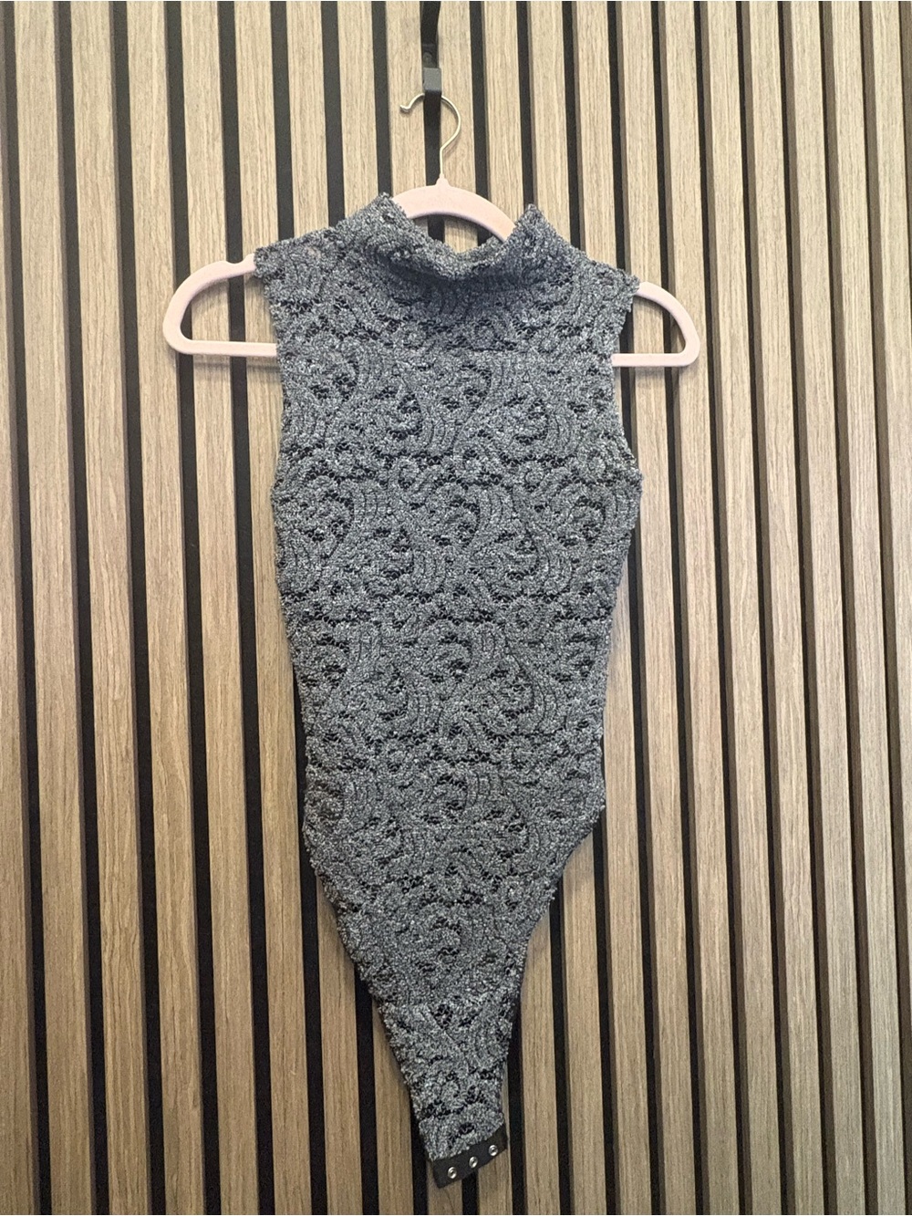Sleeveless Gray Lace-Textured Mock Neck Bodysuit